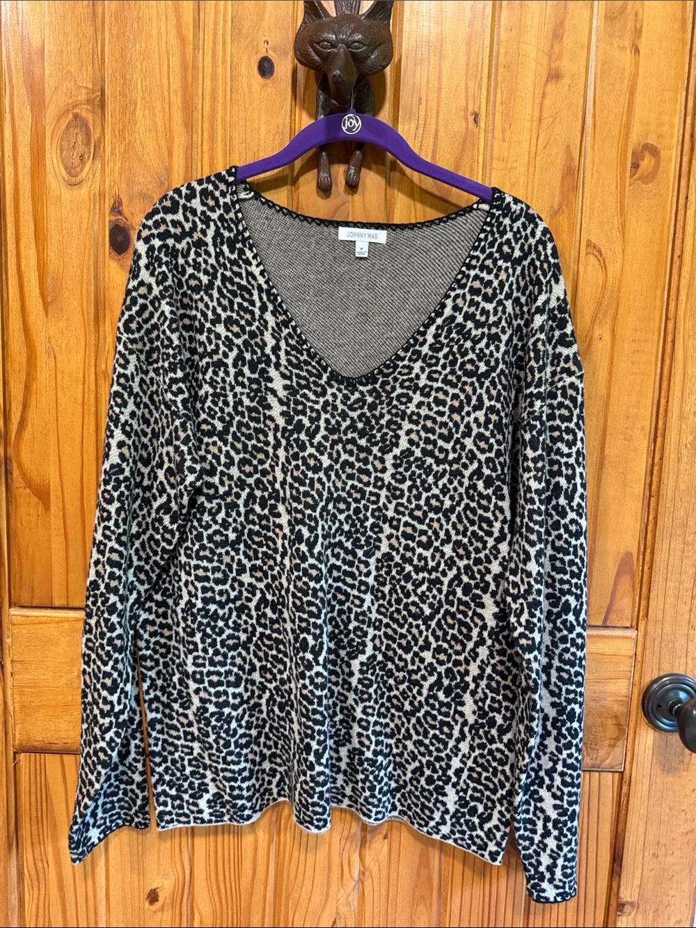 Johnny Was Black and Cream Leopard V-Neck Knit Sweater